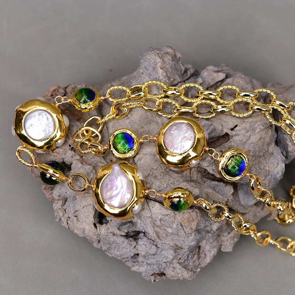 Colar longo de vidro de quartzo Murano azul pérola branca cultivada em água doce G-G