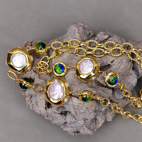 Colar longo de vidro de quartzo Murano azul pérola branca cultivada em água doce G-G