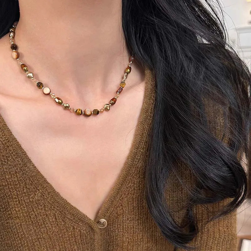 Vintage marrom natural tigre olho pedra gargantilha colar para mulher 2025 nova moda artesanal frisado corrente colar jóias presente
