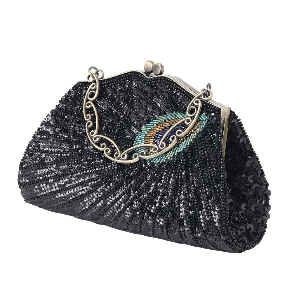 Bolsa retrô crossbody com miçangas brilhantes, para noite, cheongsam, bolsa de nuvem de poliéster macio, formato de zíper, fivela, fechamento, combinação diária