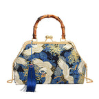 Bolsa de mão de noite com alça de rattan, guindaste coroado vermelho, estampa de borla, corrente, bolsa de ombro, bolsa crossbody para mulheres, noiva, casamento