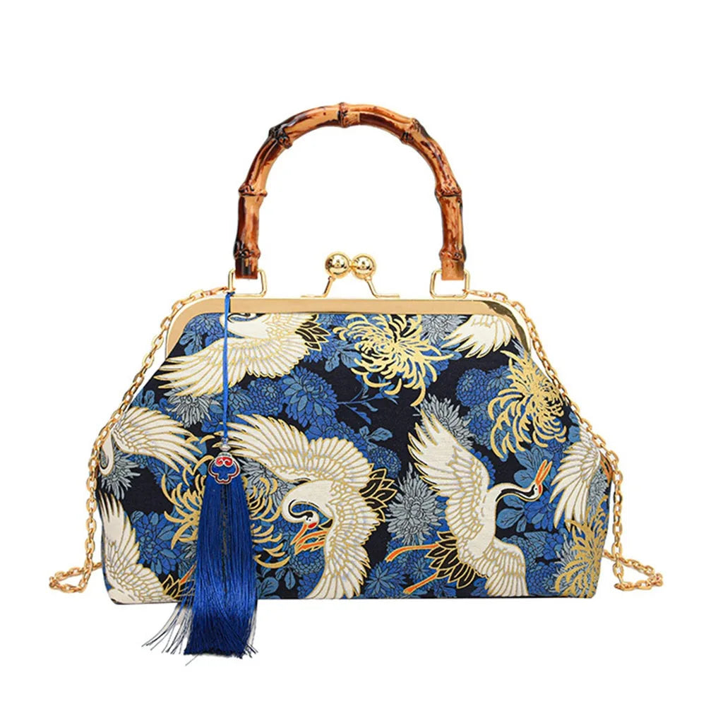 Bolsa de mão de noite com alça de rattan, guindaste coroado vermelho, estampa de borla, corrente, bolsa de ombro, bolsa crossbody para mulheres, noiva, casamento