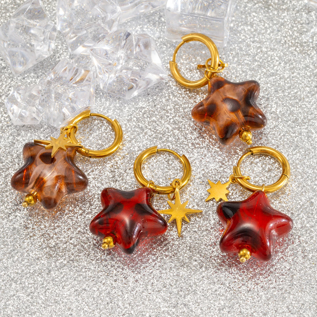 Novos brincos de estrela para mulheres, pingente pendurado de gota removível com aros huggie banhados a ouro 18K, aço inoxidável hipoalergênico