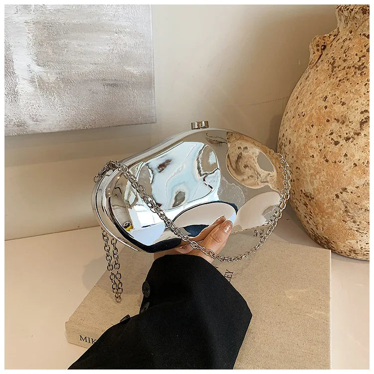 Acrílico Shell Forma Embreagem para Senhoras, Bolsa de Metal Brilhante, Ouro, Prata, Ovo Azul, Bolsa para Festa, Bolsas de Designer Bonitas, Bolsa Presente, Novo