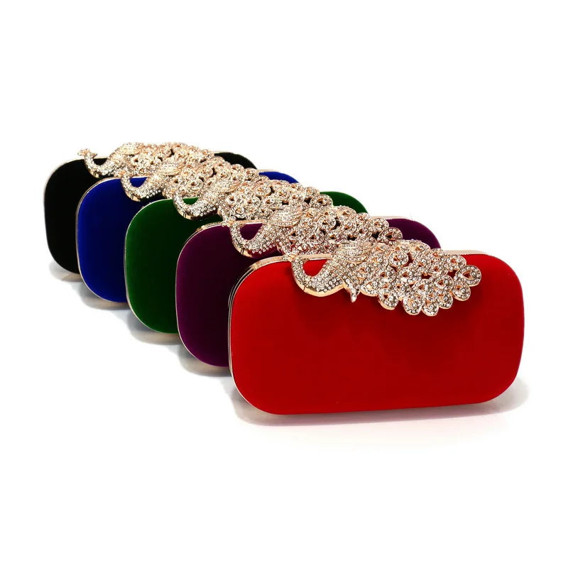 Retro preto saco de noite feminino elegante formal festa de casamento bolsas vintage veludo embreagem com pavão cristal vermelho bolsas