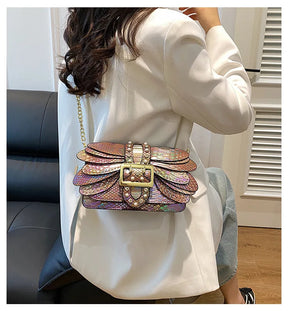 Pérola colorida rebitada saco gradiente libélula rebitada asas ombro sacola elegante noite embreagem para bolsas femininas