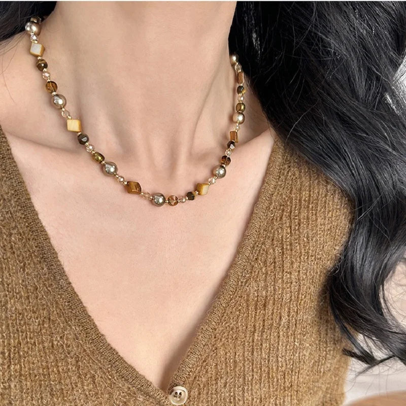 Vintage marrom natural tigre olho pedra gargantilha colar para mulher 2025 nova moda artesanal frisado corrente colar jóias presente