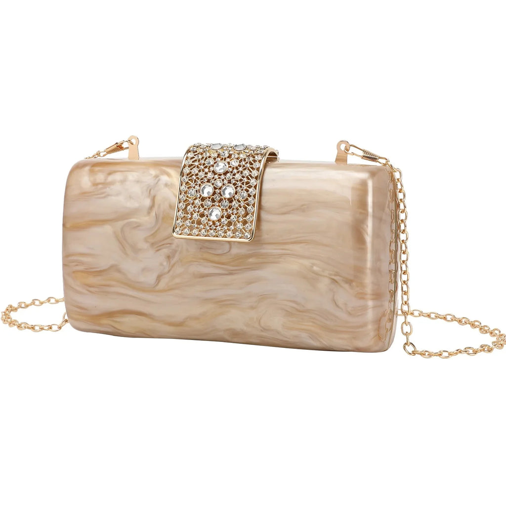 Bolsa de noite acrílica brilhante com trava de diamante, bolsa crossbody, forro de poliéster versátil, bolso para celular incluído