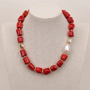Colar de contas de pepita irregular de coral vermelho liberdade de pérola barroca branca cultivada G-G