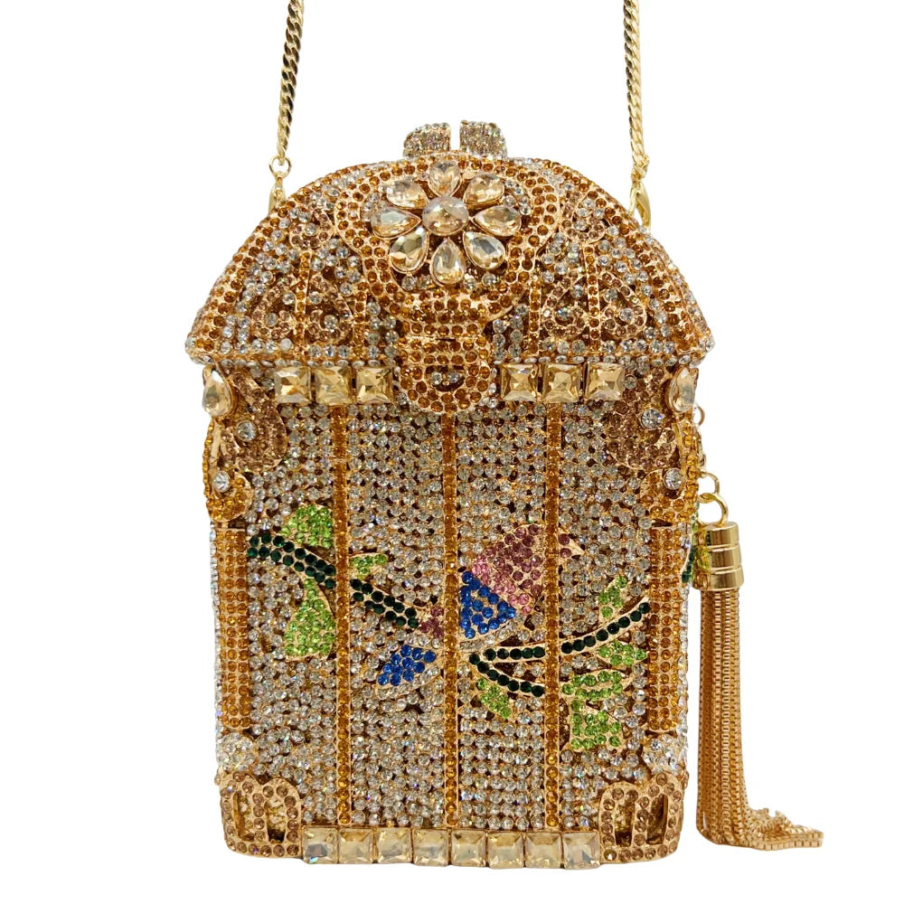 Nova chegou gaiola dourada strass embreagem luxo diamante saco festa pedra bolsa de cristal saco noite bolsa feminina