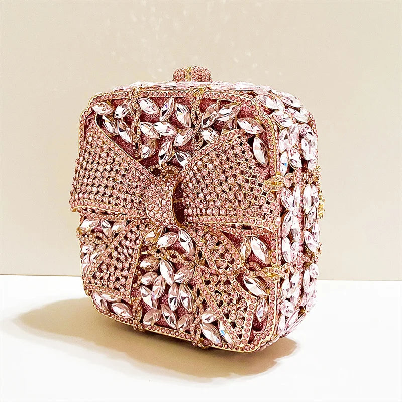 Caixa de presente com laço de borboleta incrustada com diamantes, bolsa quadrada pequena de mão com strass de alta qualidade, bolsa de ombro crossbody