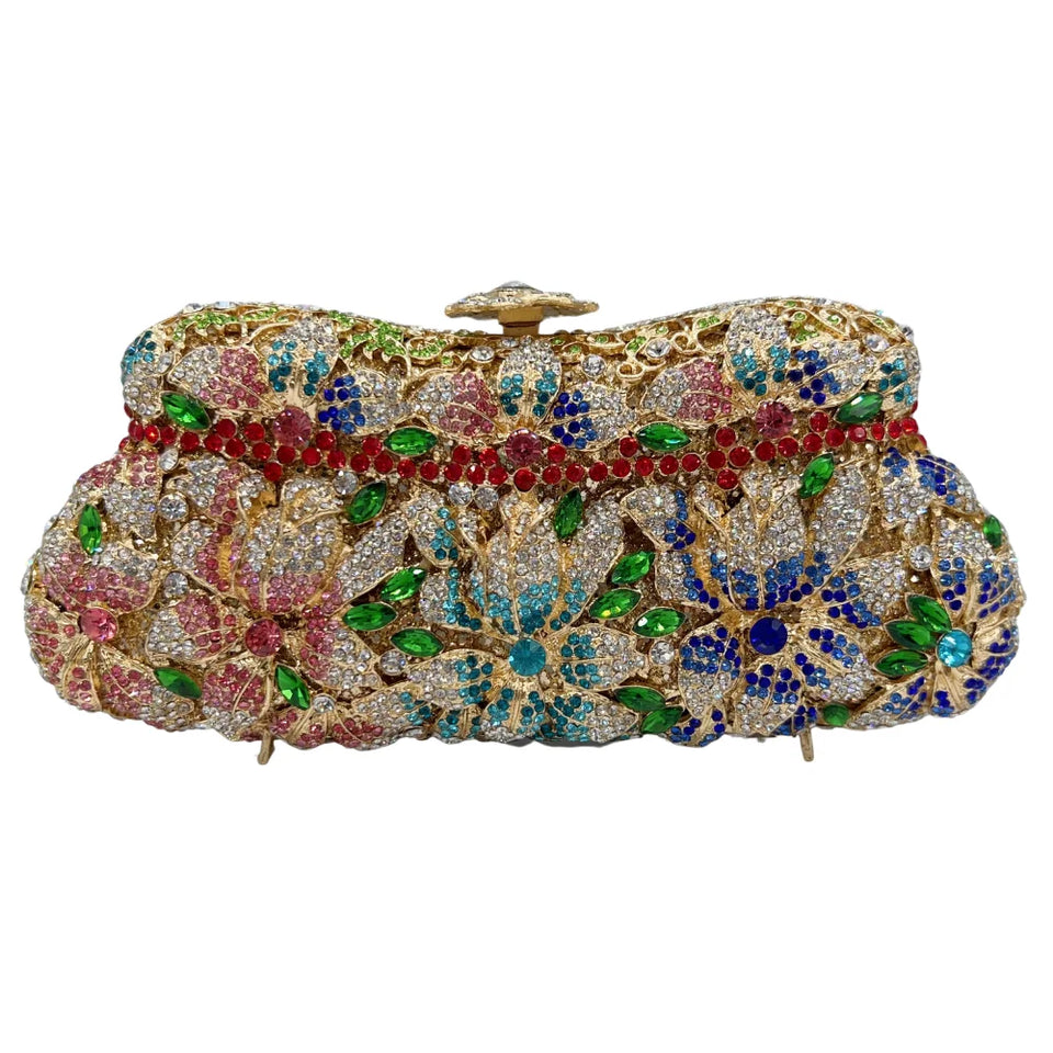 Flor de alta qualidade oco diamante jantar de casamento senhoras diamante corrente saco noite