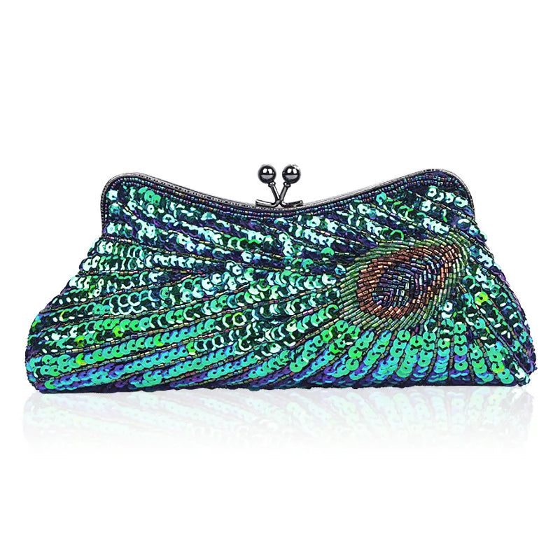 Moda fina pavão lantejoulas jantar sacos de noite para mulheres retro na moda champanhe azul corrente bolsa ombro crossbody festa bolsa