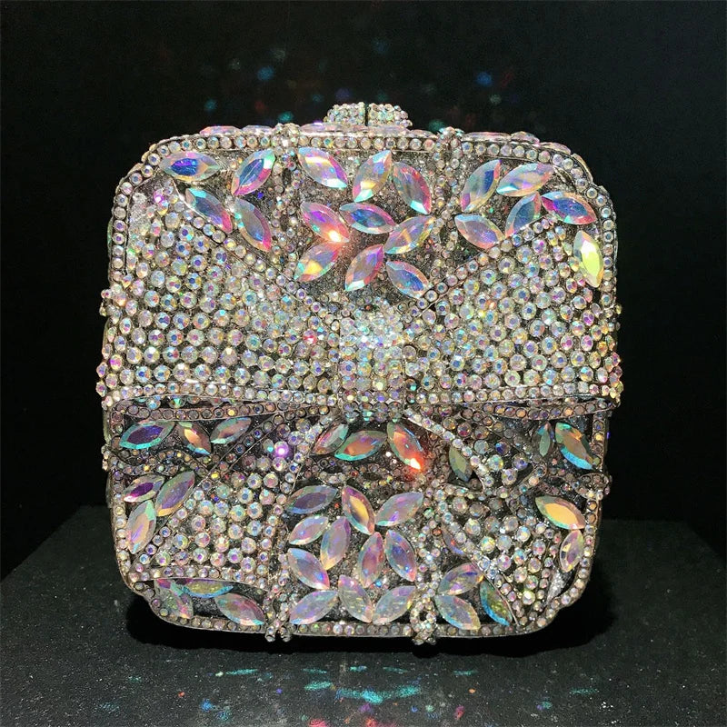 Caixa de presente com laço de borboleta incrustada com diamantes, bolsa quadrada pequena de mão com strass de alta qualidade, bolsa de ombro crossbody