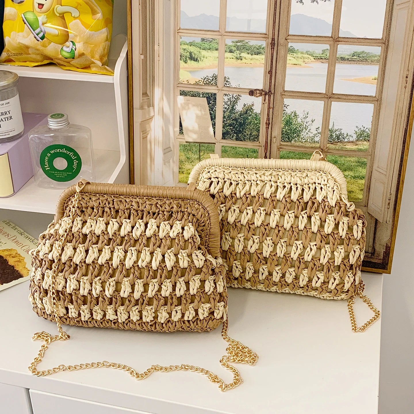 Moda a céu aberto malha sacos de ombro para mulheres elegante trançado fecho design leve crossbody bolsa verão praia tote bolsa
