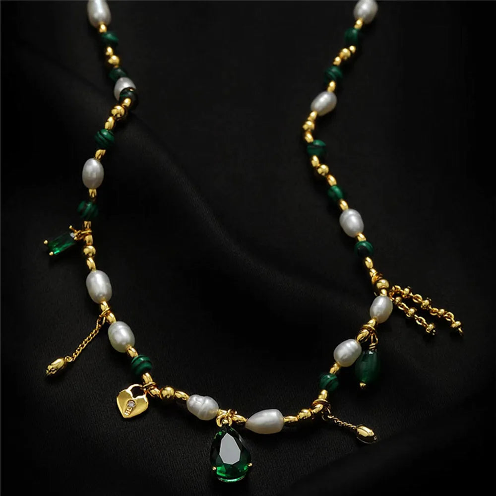 Natural verde malaquita pedra grânulos pérola borla colar para mulher clavícula corrente zircão pingente elegante charme festa jóias