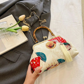 Bolsa de mão de noite com alça de rattan, guindaste coroado vermelho, estampa de borla, corrente, bolsa de ombro, bolsa crossbody para mulheres, noiva, casamento