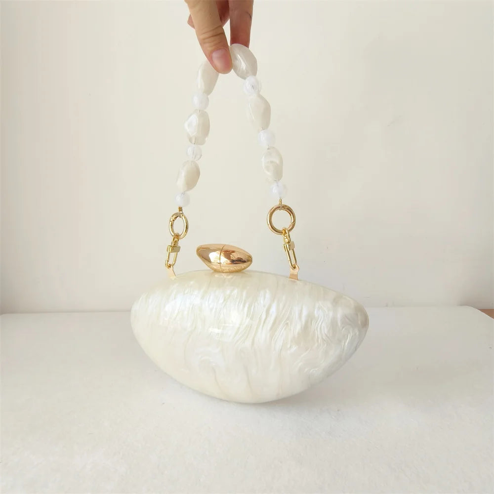Caixa acrílica bege pérola shell ovo sacos de embreagem para mulheres, bolsa frisada feminina, bolsas noite, casamento, dama de honra, festa, senhora