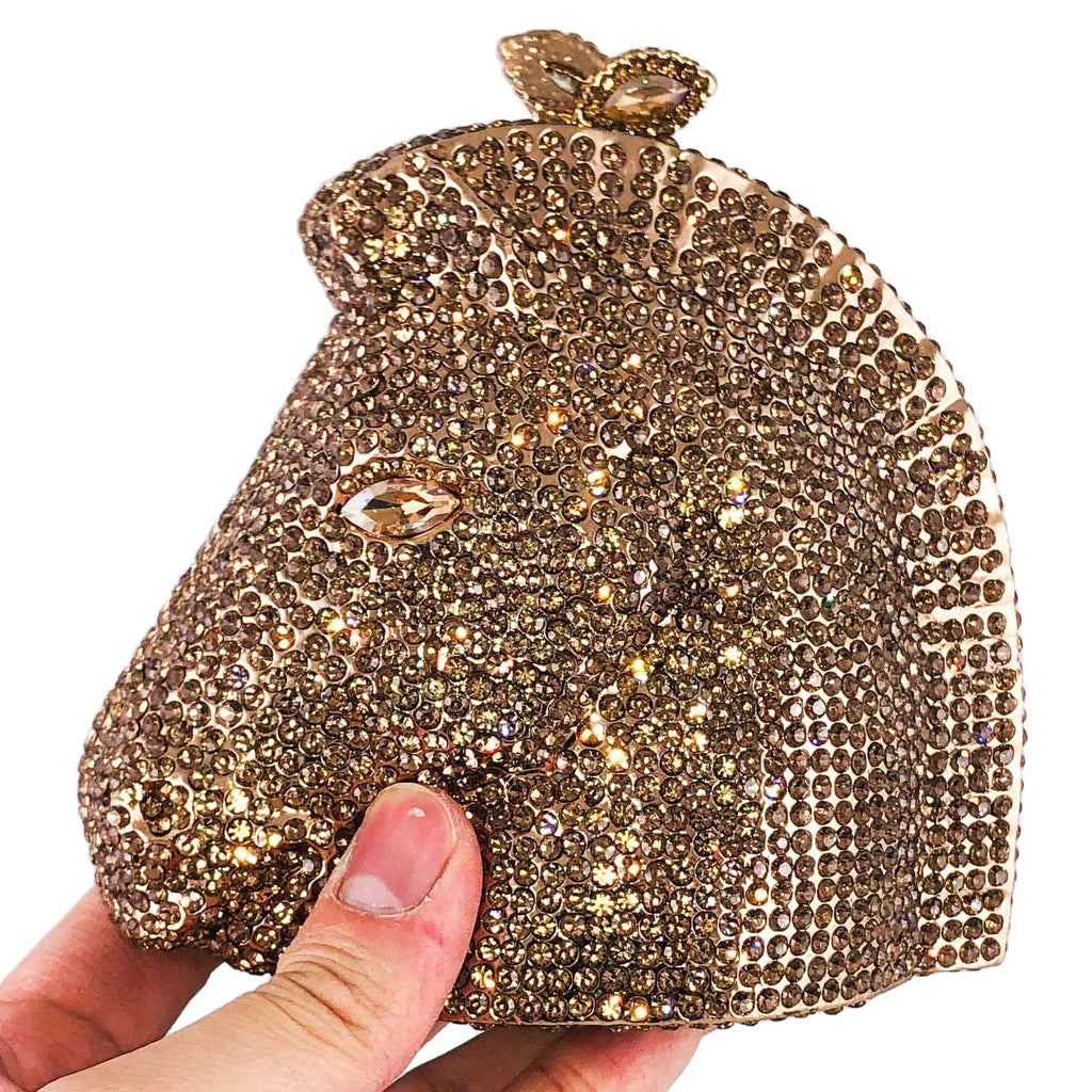 Boutique de fgg cabeça de cavalo dourado feminino cristal noite bolsa e bolsa festa casamento minaudiere animal strass saco embreagem
