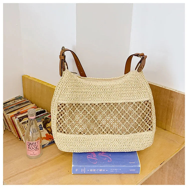 Moda oca grande capacidade casual bolsa de ombro feminina novo estilo verão urbano minimalista palha tecer sacola magnética...