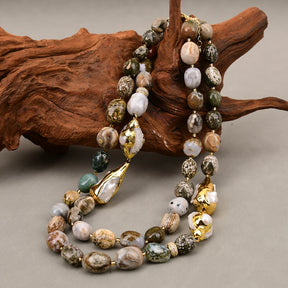 Colar de Ágata Oceânica Natural G-G com 2 Fileiras, Pérola Biwa Branca, Quartzo Druzy, Feito à Mão para Mulheres