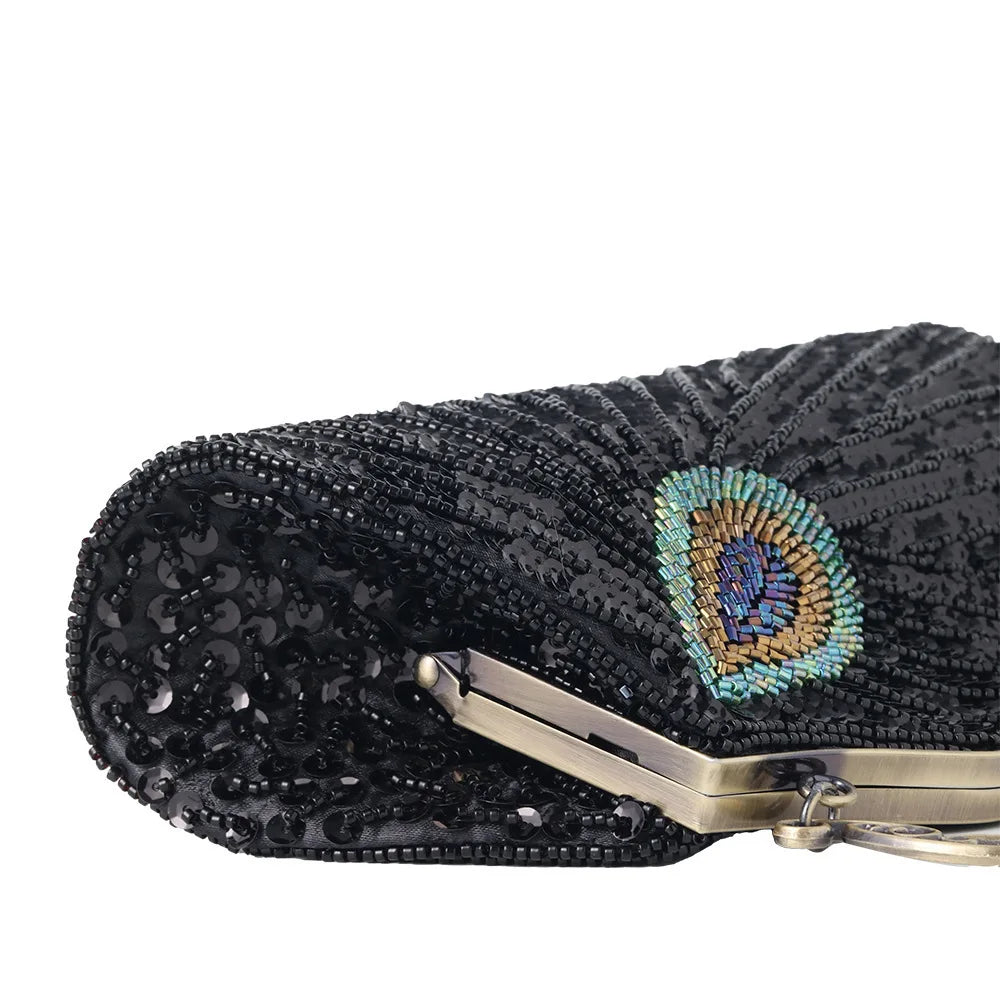 Bolsa retrô crossbody com miçangas brilhantes, para noite, cheongsam, bolsa de nuvem de poliéster macio, formato de zíper, fivela, fechamento, combinação diária