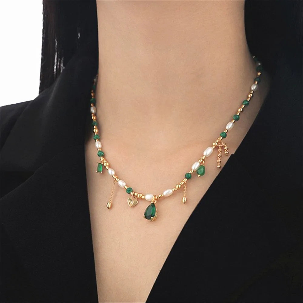 Natural verde malaquita pedra grânulos pérola borla colar para mulher clavícula corrente zircão pingente elegante charme festa jóias