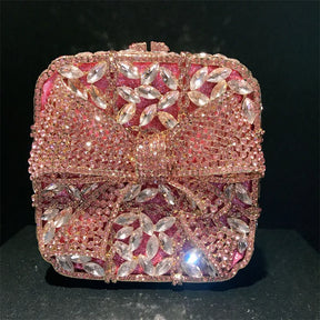 Caixa de presente com laço de borboleta incrustada com diamantes, bolsa quadrada pequena de mão com strass de alta qualidade, bolsa de ombro crossbody