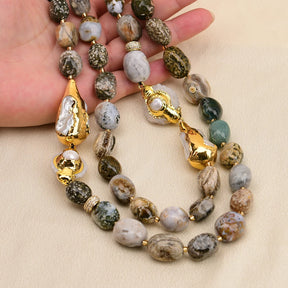 Colar de Ágata Oceânica Natural G-G com 2 Fileiras, Pérola Biwa Branca, Quartzo Druzy, Feito à Mão para Mulheres