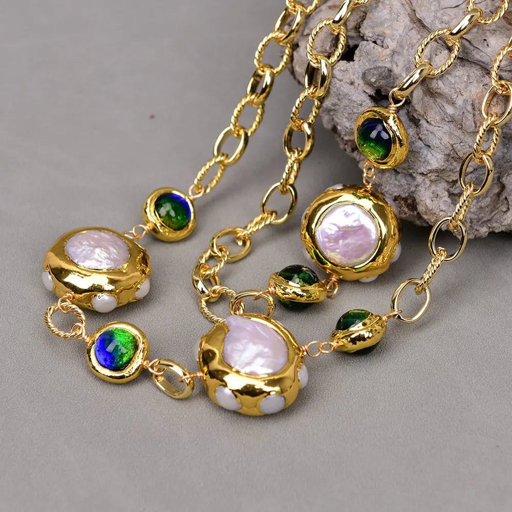 Colar longo de vidro de quartzo Murano azul pérola branca cultivada em água doce G-G