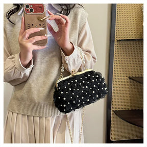 Doce estilo pérola corrente noite saco de embreagem malha macia renda dobrado bainha versão coreana bolsa crossbody para mulher