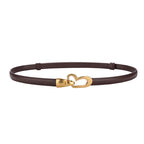 Cinto feminino de couro genuíno, cinto fino de couro skinny para calças, fivela em forma de coração dourada da moda