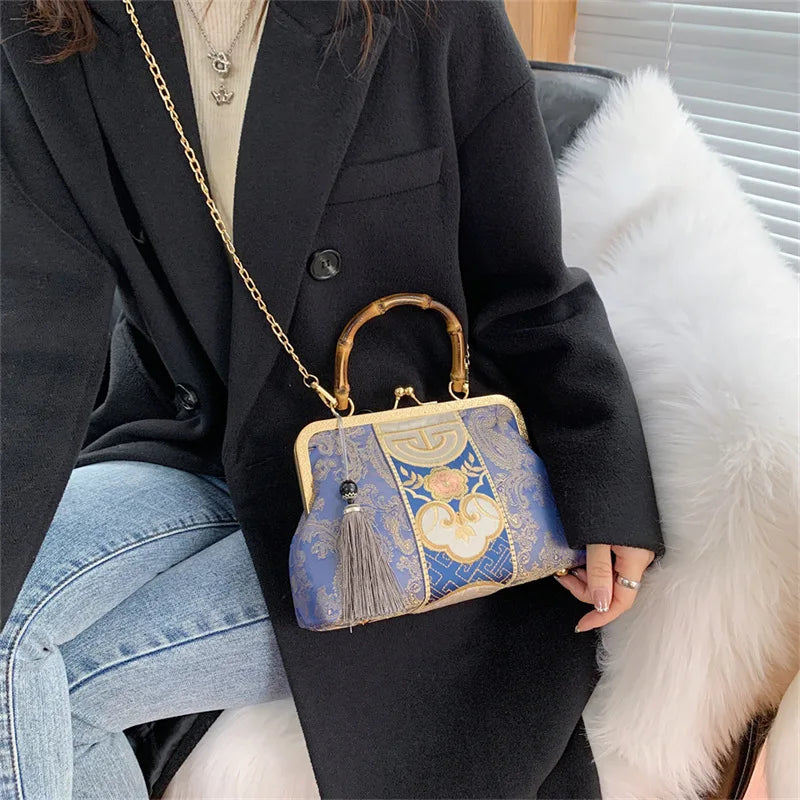 Bordado Jacquard Wood Hand Bag para Mulheres, Lock Shell Bags, Shoulder Crossbody Bag, Tote Cadeia, Bolsas Femininas, Bolsas, Designer