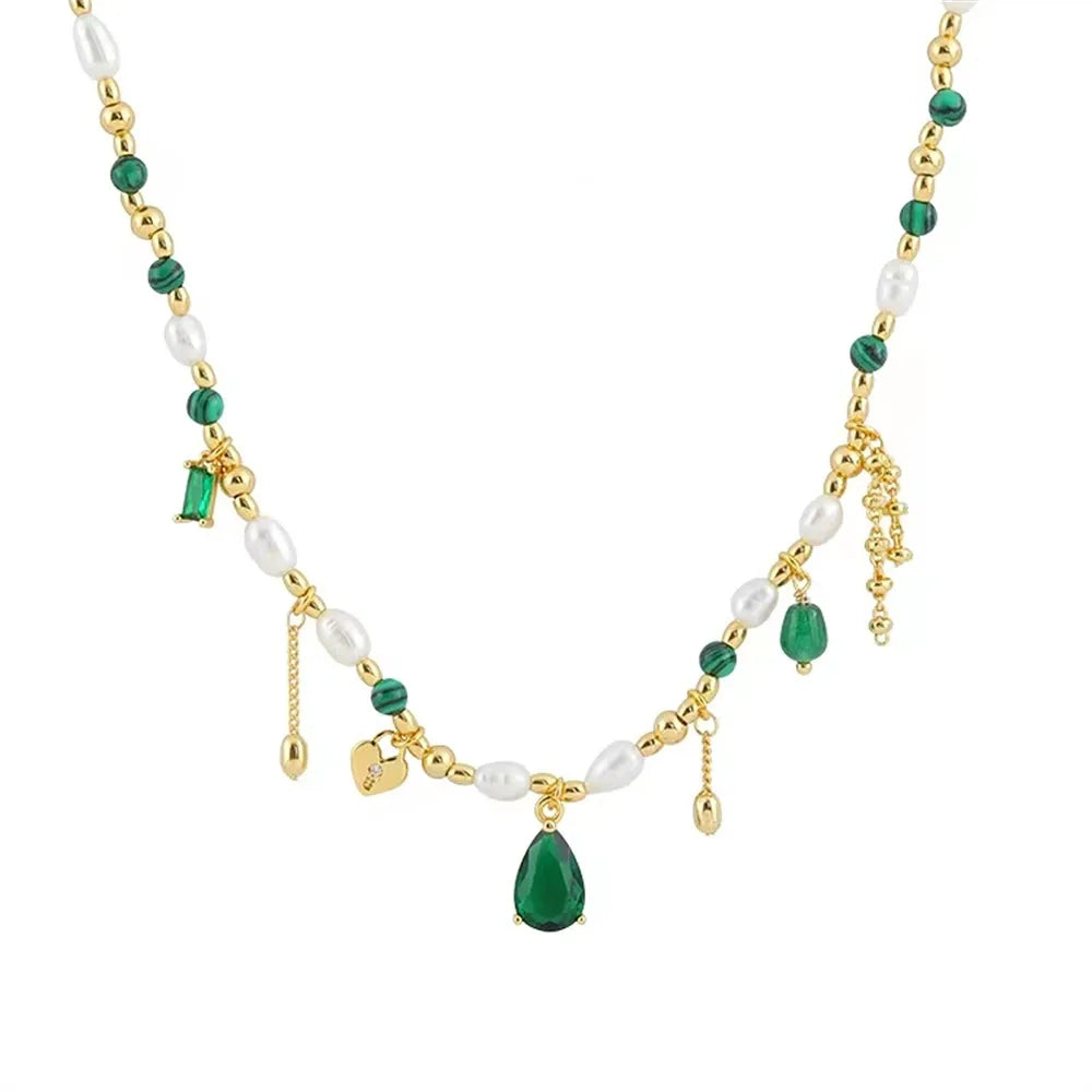 Natural verde malaquita pedra grânulos pérola borla colar para mulher clavícula corrente zircão pingente elegante charme festa jóias