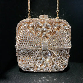 Caixa de presente com laço de borboleta incrustada com diamantes, bolsa quadrada pequena de mão com strass de alta qualidade, bolsa de ombro crossbody
