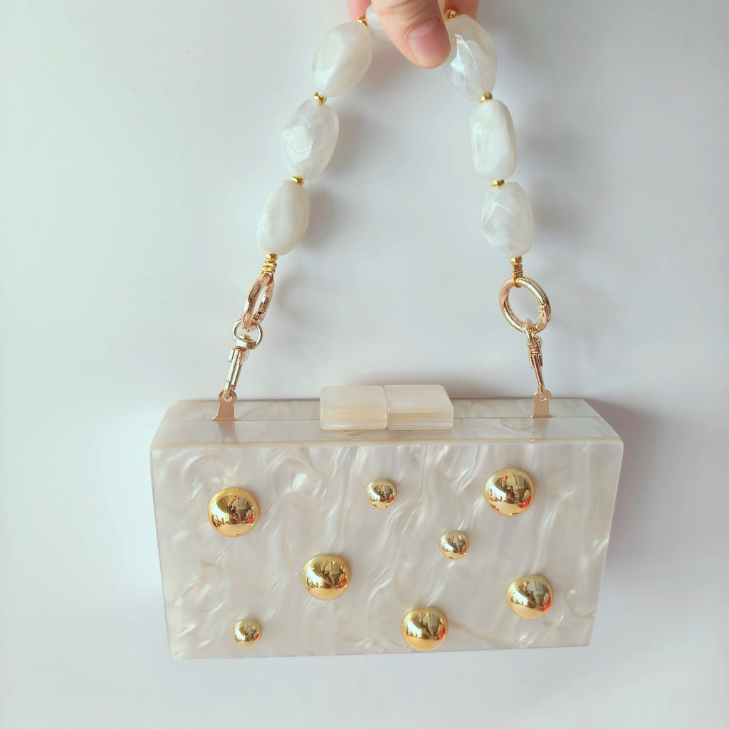 Pérola bege metal ponto na superfície acrílico bolsa de embreagem aleta escudo feminino saco de noite verão casamentos festa baile praia senhora bolsa