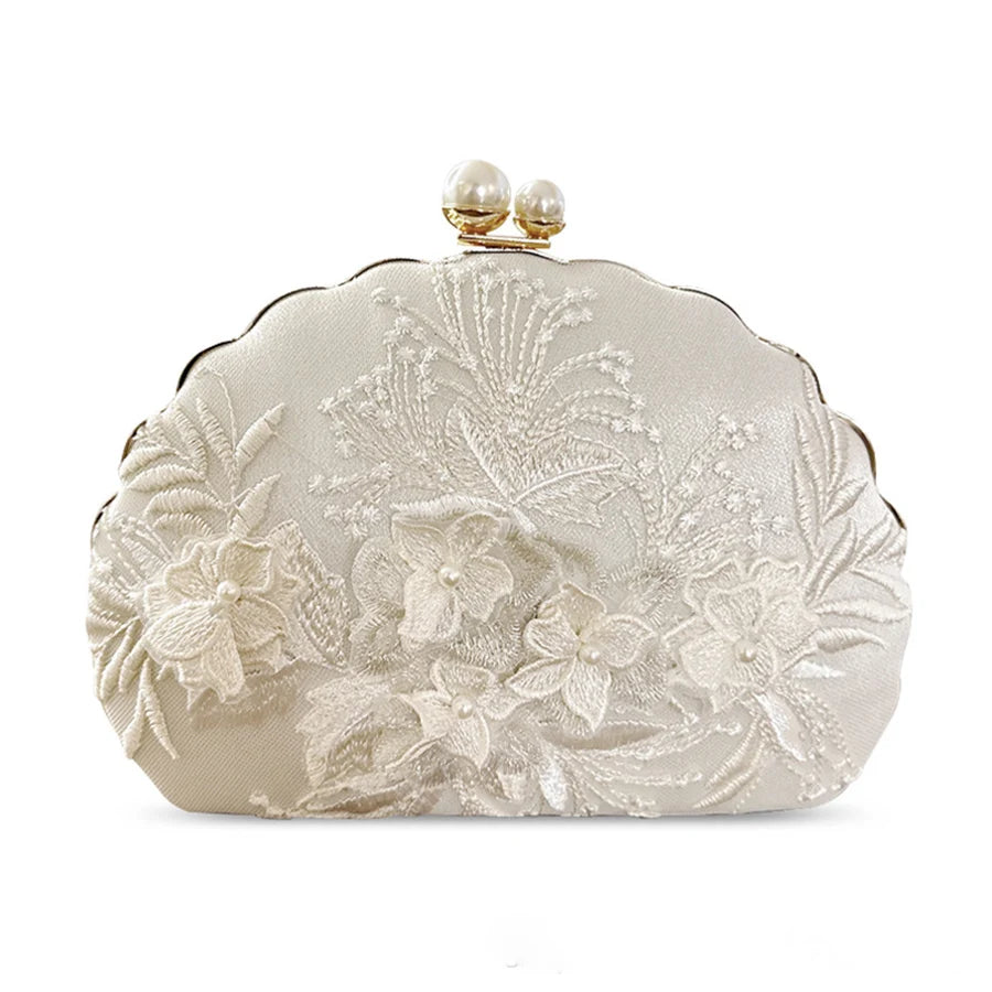 Shell clipe sacos de noite nova moda branco bordado renda embreagem férias crossbody saco corrente noiva festa casamento bolsa
