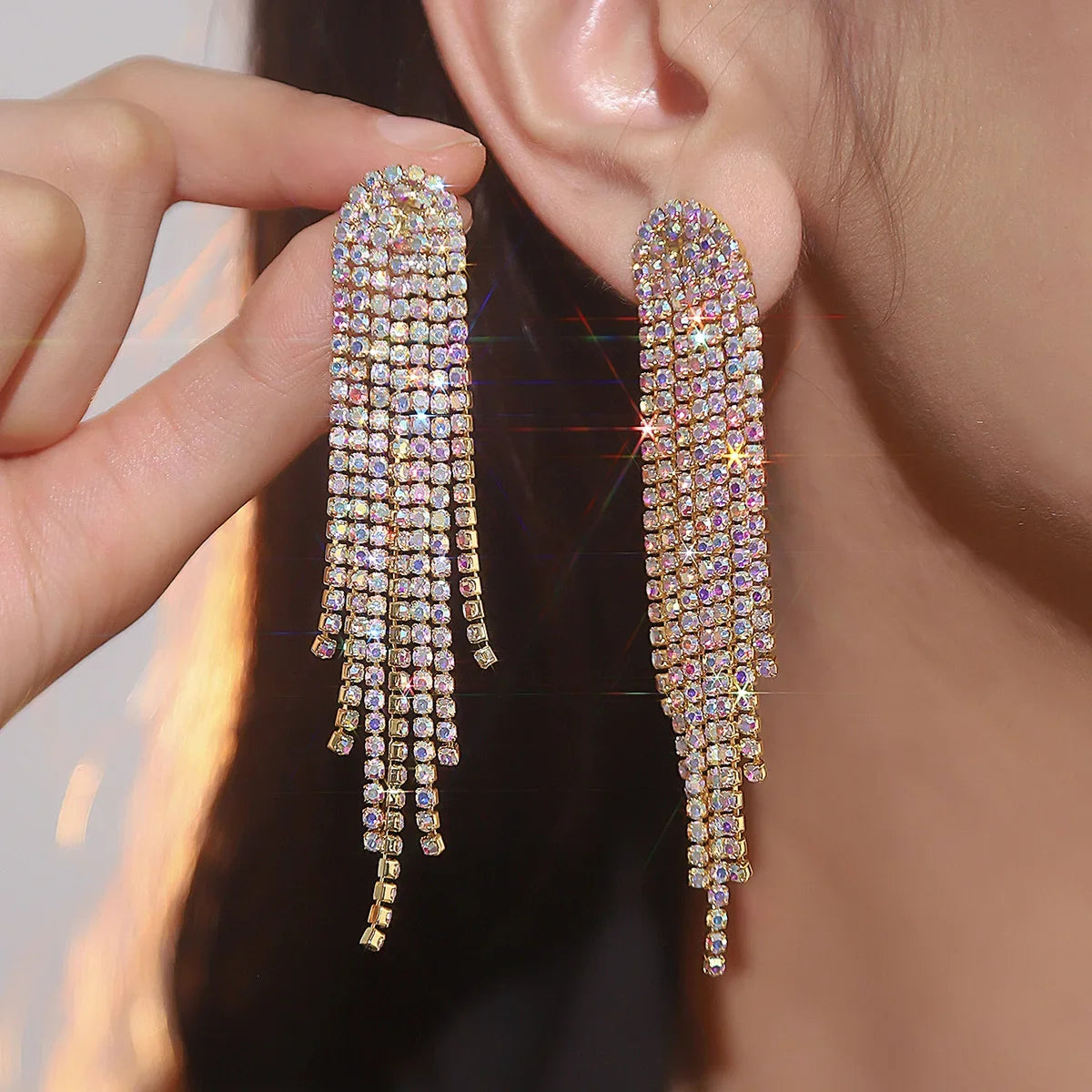 Brilho longo borla strass brincos para mulheres ab colorido prata cor cristal balançar brinco festa de casamento jóias