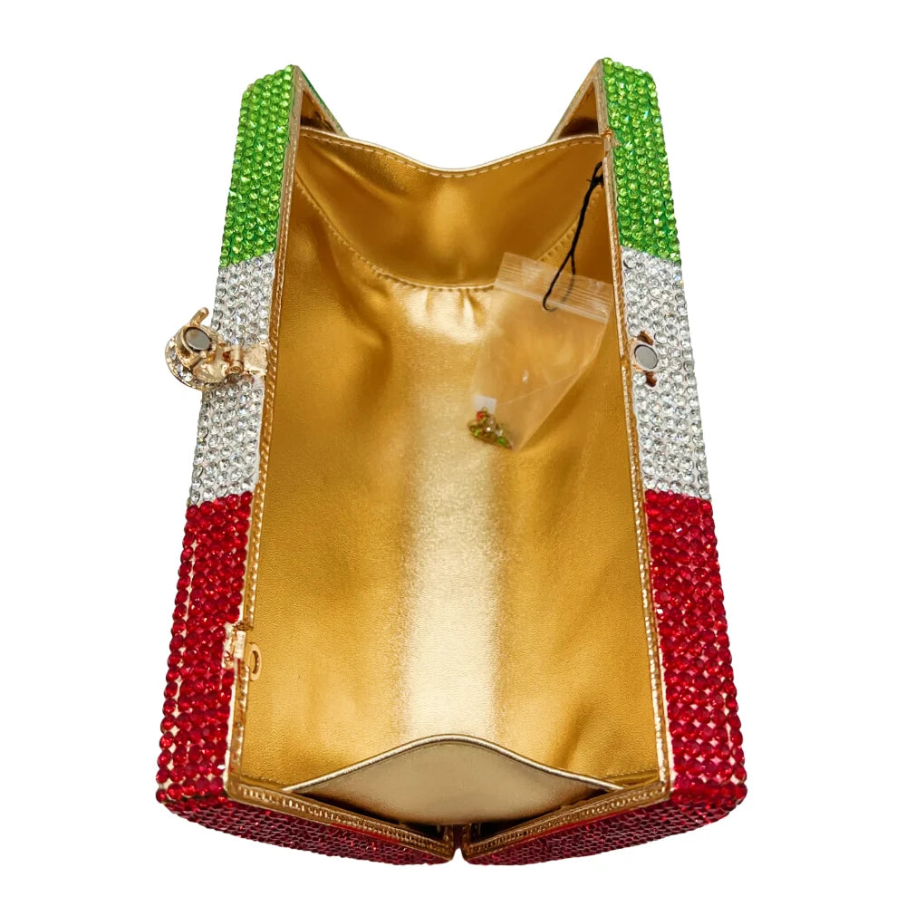 Bolsa de diamante em forma de bandeira italiana de luxo de alta qualidade, festa de casamento de diamante, bolsa, bolsa de noite, embreagem de cristal