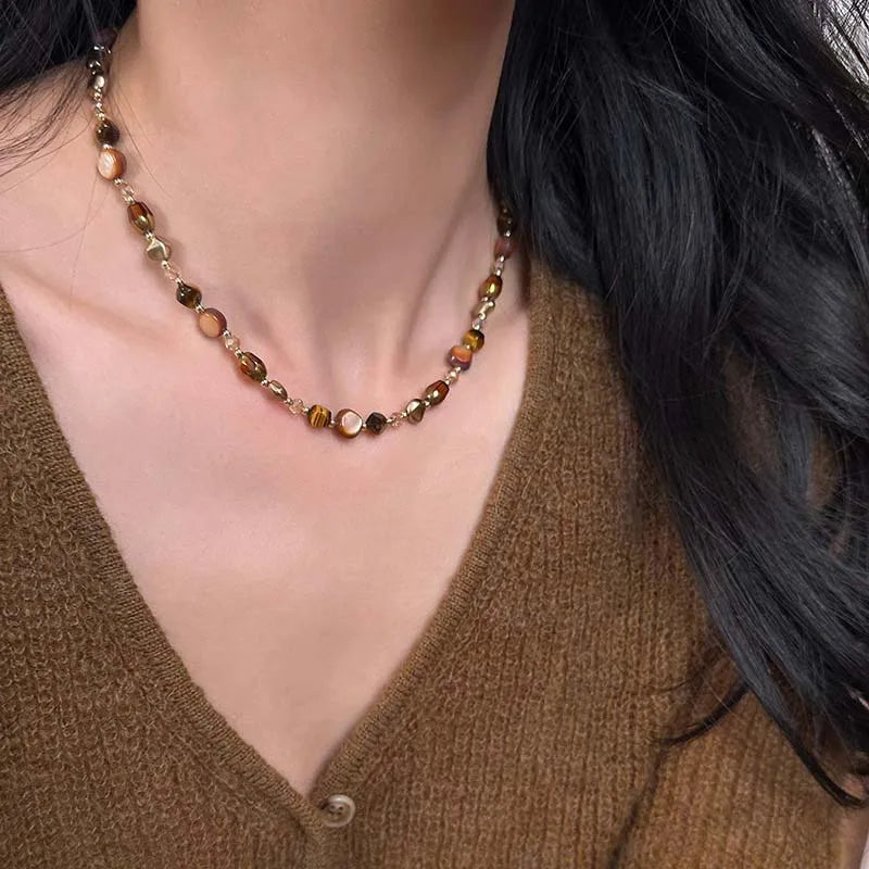 Vintage marrom natural tigre olho pedra gargantilha colar para mulher 2025 nova moda artesanal frisado corrente colar jóias presente