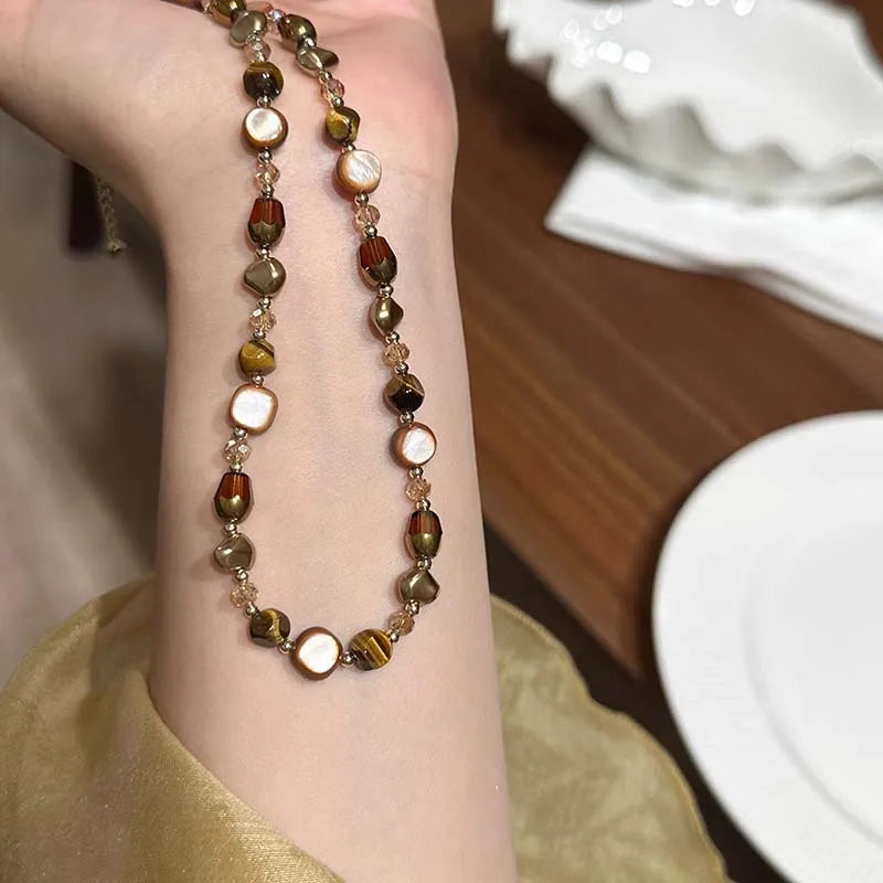 Vintage marrom natural tigre olho pedra gargantilha colar para mulher 2025 nova moda artesanal frisado corrente colar jóias presente