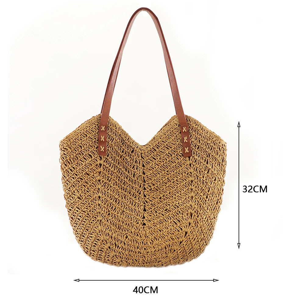 Bolsa de palha de verão tecida à mão para mulheres elegante bolsa de férias de praia bolsa de ombro de grande capacidade