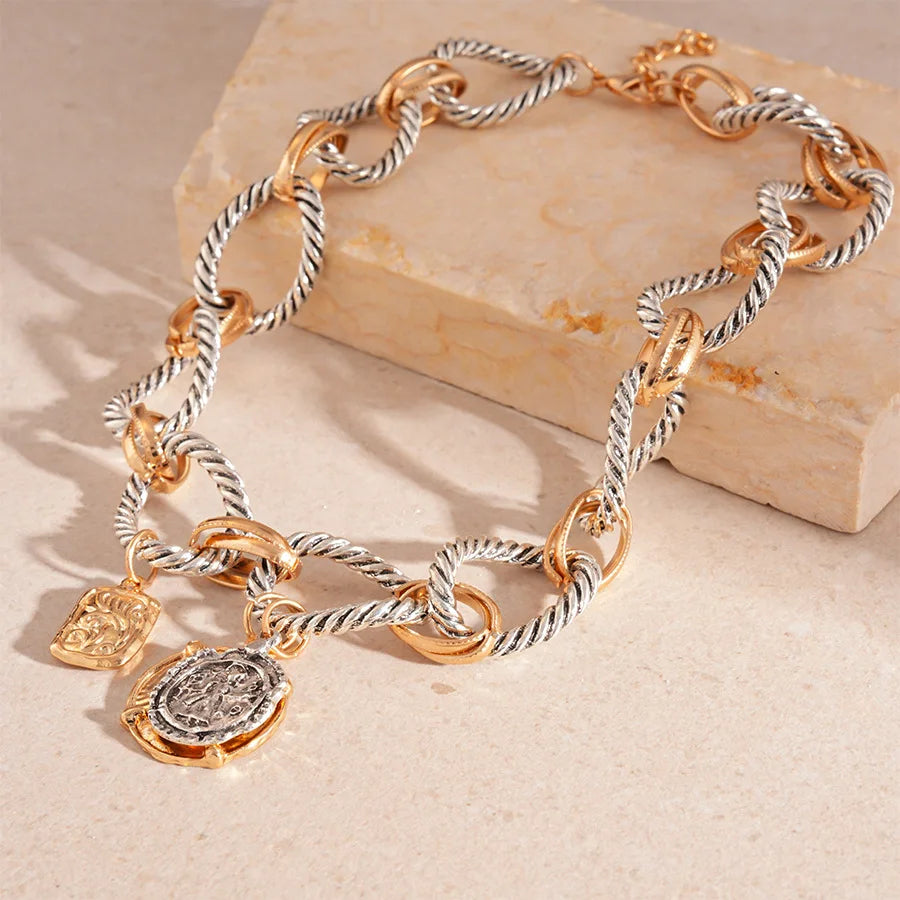 Zaa vintage metal torcido círculo correntes redonda moeda pingente colares para mulheres puk festa corrente gargantilhas colar jóias presentes f