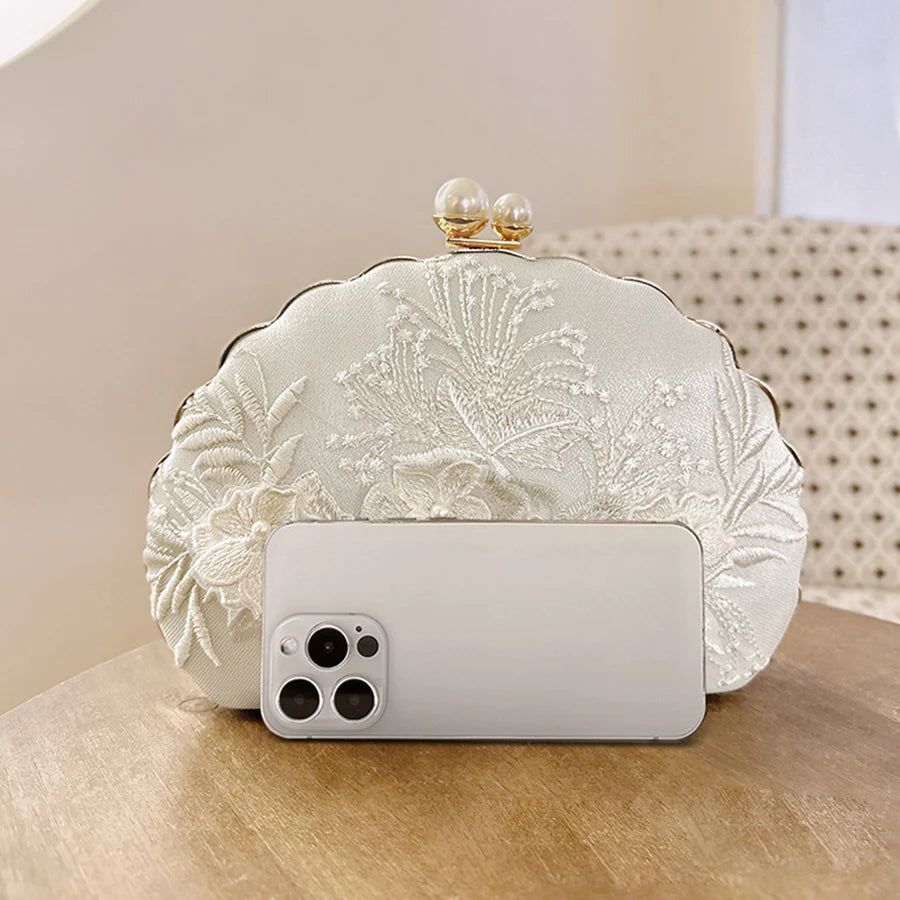 Shell clipe sacos de noite nova moda branco bordado renda embreagem férias crossbody saco corrente noiva festa casamento bolsa