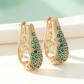 Brincos de argola redondos de cristal verde para mulheres, vintage, cor dourada, arco-íris, zircônia, fivela de orelha, joias de casamento, presente de dia das mães