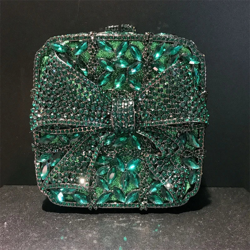 Caixa de presente com laço de borboleta incrustada com diamantes, bolsa quadrada pequena de mão com strass de alta qualidade, bolsa de ombro crossbody