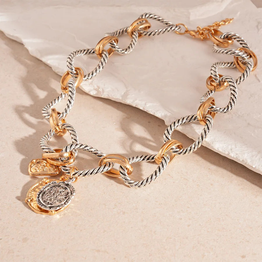 Zaa vintage metal torcido círculo correntes redonda moeda pingente colares para mulheres puk festa corrente gargantilhas colar jóias presentes f