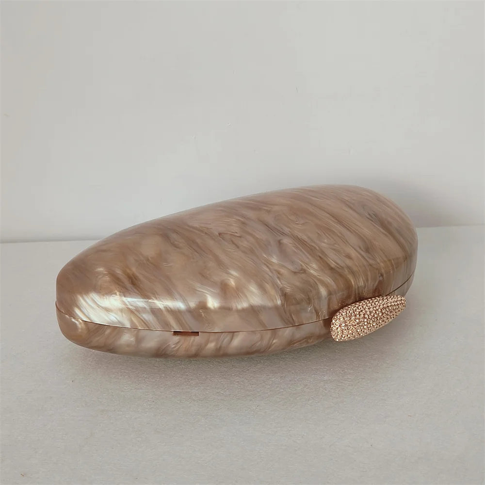Pérola marrom mármore oval feminino luxo acrílico embreagem chique elegante saco de noite hardcase praia senhora bolsa noiva festa
