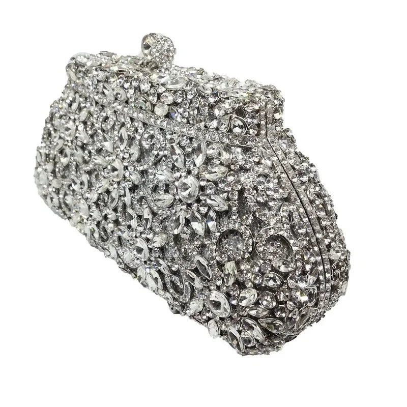 Flor coroa prata cristal embreagem para mulheres, bolsa de noite, saco de baile, embreagens nupciais, bolsa de casamento, boutique de fgg, em estoque