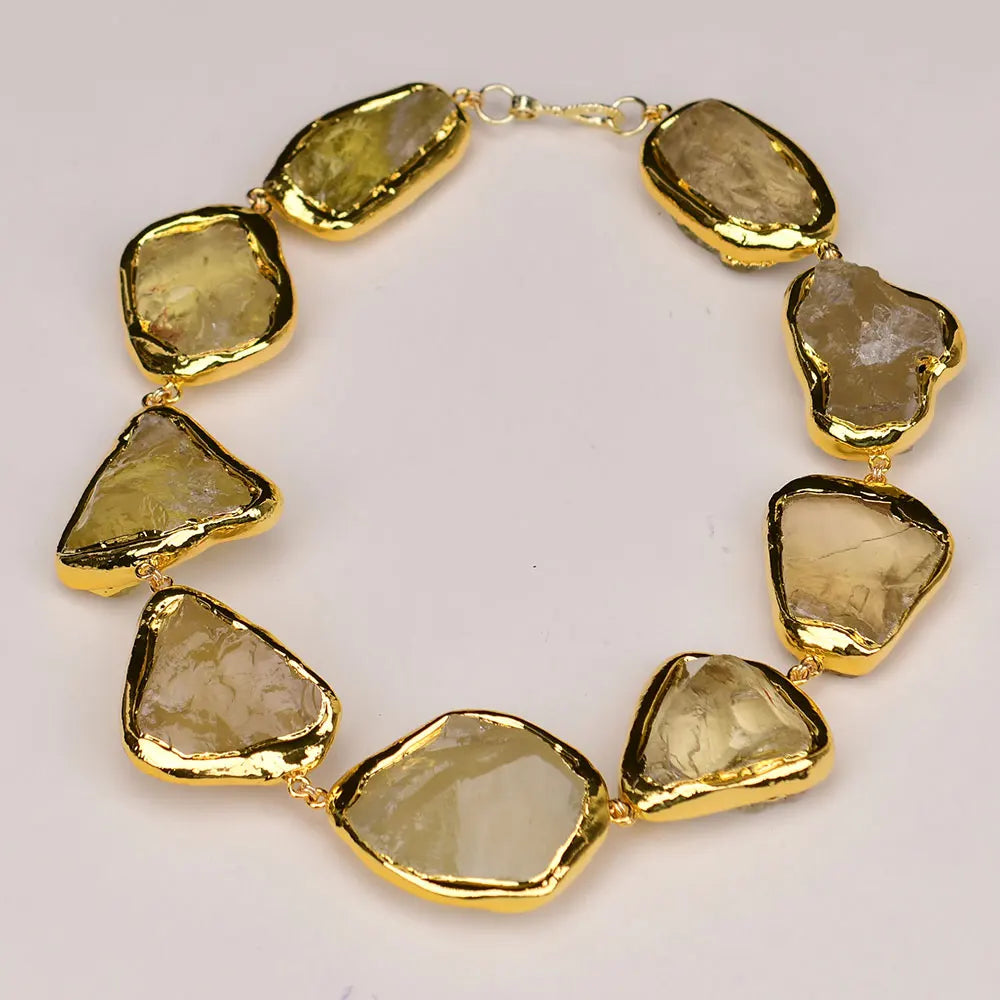 G-G 18 '' Natural Limão Quartzo Grande Bruto Borda de Ouro Banhado Gargantilhas Colar